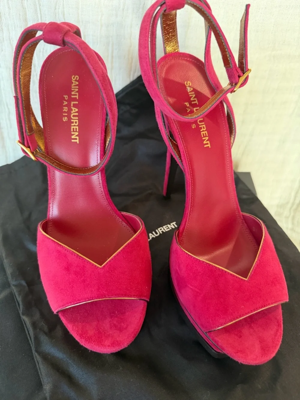 Saint Laurent Berry Red Suede Ankle-Strap Heels with Gold Trim - Picture 1 of 12